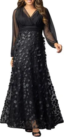 Kiyonna Blossoming Beauty Mesh Evening Gown in Onyx Blossoms at Nordstrom, Size X-Large
