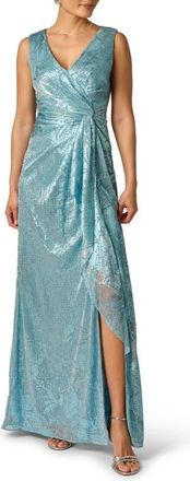 Adrianna Papell Metallic Crinkle Sleeveless Mesh Gown in Blue at Nordstrom, Size 4