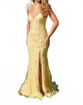 Faviana Floral Beaded Appliqu&eacute; V-Neck Maxi Dress In Light Yellow