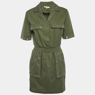 Maje Olive Green Denim Eyelet Detail Ramil Mini Dress
