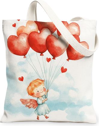 Generic Fanciful Hearts Canvas Tote Bags, Cute Balloon Pattern Reusable Grocery Bags, Vintage Lightweight Washable Shoulder Strap Canvas for Shopping Outdoor 