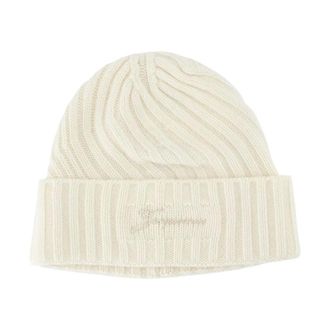 Jacquemus Beanies, female, White, Size: ONE SIZE Ribbed Knit Beanie with Logo