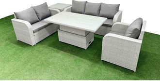 Fimous Patio pe Wicker 6 Seater Outdoor Rattan Furniture Sofa Sets with Adjustable Lifting Dining or Coffee Table Reclining Chair Loveseat Sofa 3 Seater
