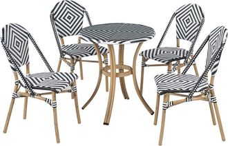 Beliani Conjunto de comedor de jardín 4 plazas tablero de ratán pe blanco y negro mesa ø 70 y 4 sillas apilables de aluminio Rifreddo