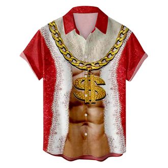 Generic Mens Christmas Shirt, Funny Santa Claus Reindeer Print Holiday Top Xmas Lapel Shirt Xmas Hawaiian Short Sleeve Blouse Mens Festival Shirt Regular Fit 