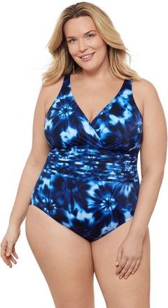 Aqua Green Plus Size V-Neck Surplice Trim Overlay Full Coverage One-Piece Swimsuit in Chic Tie Dye at Nordstrom, Size 2X