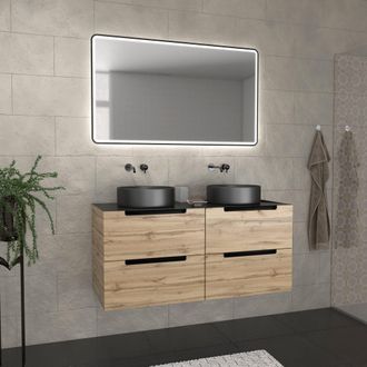 Aurlane Aurlane - Mueble De Ba&ntilde;o 120cm Roble Y Negro, Lavabos Redondos &Oslash;36cm Y Espejo Black Led 120x70 - Omega