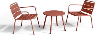 Vente-Unique Sal&oacute;n de jard&iacute;n de metal - 2 sillones bajos apilables y una mesa auxiliar - Terracota - MIRMANDE
