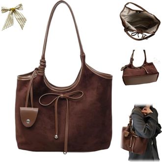 Generic Brown Suede Tote Bag,Women Bow Suede Shoulder Purse,Slouchy Large Capacity Commuter Underarm Bag,Trendy Fall Hobo Handbags (Coffee)
