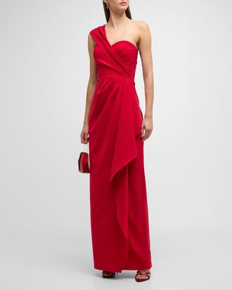 Teri Jon One-Shoulder Draped Stretch Crepe Gown