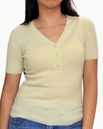 Sablyn Kennedy V-Neck Henley Short Sleeve Top In Pale Citron