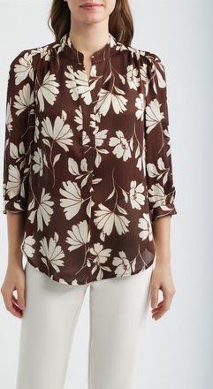 Anne Klein Floral Split Neck Top in Dark Chocolate/White at Nordstrom, Size Small
