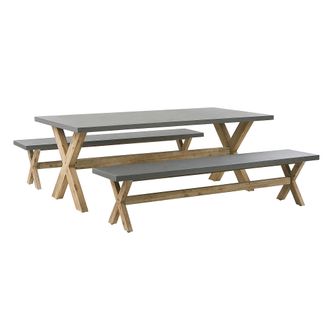 Beliani Conjunto De Comedor Para Jard&iacute;n De Cemento Reforzado Gris Con Patas De Madera De Acacia Para 8 Personas Mesa Con 2 Bancos Olbia