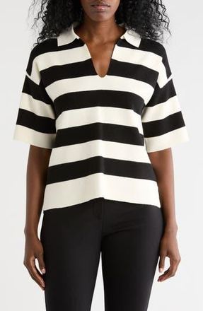 T Tahari Stripe Short Sleeve Polo Sweater in Ivory/Black at Nordstrom Rack, Size X-Small