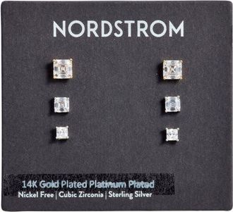 Nordstrom 3-Pack Cubic Zirconia Square Stud Earrings in 14K Gold- Platinum Plating at Nordstrom