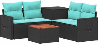 vidaXL Juego De Sof&aacute; 6 Uds. Negro Y Azul Rat&aacute;n Sint&eacute;tico Y Acero Vidaxl