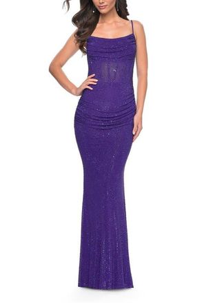 La Femme Rhinestone Encrusted Net Jersey Gown with Ruching Detail in Indigo at Nordstrom, Size 10