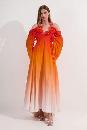 Karen Millen Womens Ombre Applique Printed Cold Shoulder Woven Maxi Dress - Orange - Size 8 UK