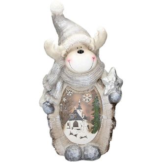 ECD Germany Ecd Germany - Figura Decorativa De Mu&ntilde;eco De Reno Iluminaci&oacute;n Led, 51 Cm, Blanco C&aacute;lido, Forma De Poliresina Con Gorro Gris Y Bufanda, Aspecto Madera,