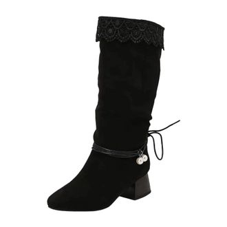 Generic Womens Retro Mid Calf Boots Round Toe Med Square Heel Slip On With Decorative Lace Up Detail Color Block Design