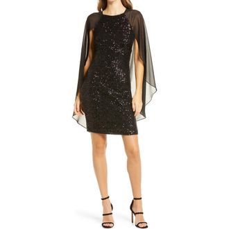 Vince Camuto Sequin Long Cape Sleeve Sheath Cocktail Dress in Black at Nordstrom Rack, Size 12