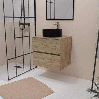 Aurlane Aurlane - Mueble De Ba&ntilde;o 60cm 2 Cajones Roble Natural + Lavabo Redondo Negro &Oslash;36cm