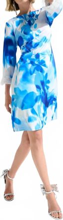 Joseph Ribkoff Floral Fringe Cuff Satin Shift Dress In Vanilla/blue