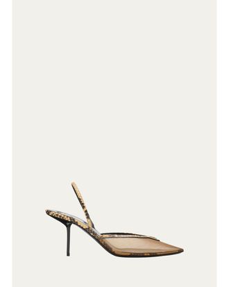 Saint Laurent 90mm Mesh and Python-Embossed Leather Slingback Pumps
