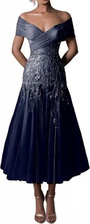 Tarik Ediz Lana Off The Shoulder Tea-Length Dress In Navy