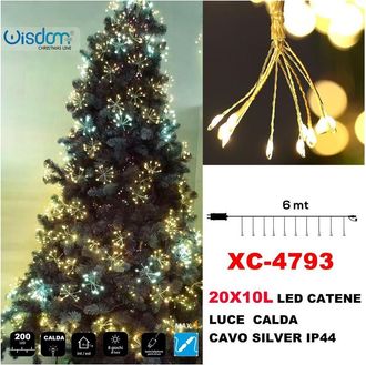 Trade Shop Trade Shop - Catena Luminosa 200led 20x10 Luci Con Ciuffi Luce Calda Cavo Silver Ip44 Xc-4793