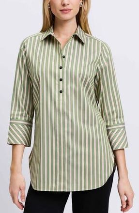 Foxcroft Madison Stripe Stretch Cotton Blend Top in Olive/Neutral at Nordstrom Rack, Size 2