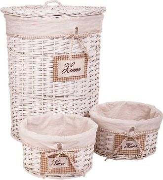 Wanderlust Deco Wanderlust Deco - Set Cesto De Ropa Y Dos Cestos De Mimbre Forrados Blancos