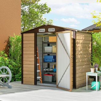 OUTSUNNY 6.2 x 4.3ft Garden Metal Shed with Vent for Garden, Patio, Oak in Brown | Size: 1 Pack