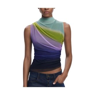Desigual Sleeveless Tops, female, Multicolor, M, Green Multicolor Tank Top with Turtleneck