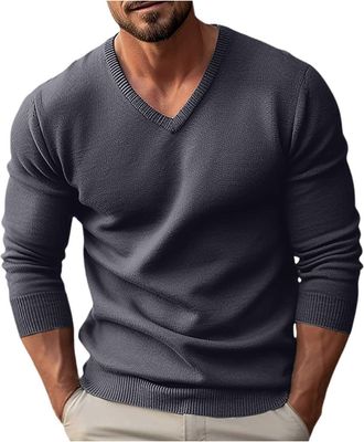 Generic Mens Knit Jumpers V-Neck Slim Fit Jumper for Men UK Lightweight Plain Casual Knitted Sweaters Business Work Golf Classic Pullover Sweater Tops Long Sl