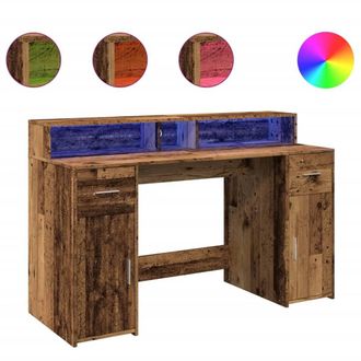 Berkfield Home Desk with LED Lights Old Wood 140x55x91 cm Engineered Wood in Brown | Size: 140 x 55 x 91 cm