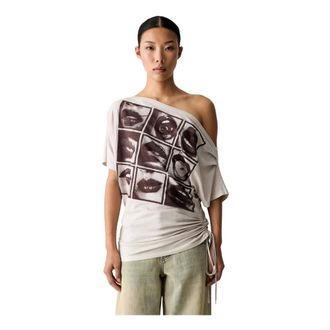 Miss Sixty Grafische T-shirt met off-shoulder halslijn - Dames - Tops - Beige - Maat: XL Katoen