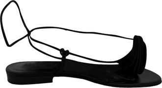 Magda Butrym Floral Applique Flat Sandals in Black Leather