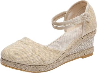 Generic Women Summer Elastic Band Weave Sandals Breathable Round Toe Non Slip Comfortable Beach Footwear for Outdoor Walking (Beige, 4.5)