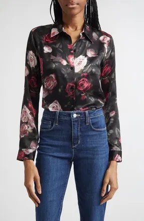 L'agence Tyler Silk Button-Up Shirt in Black Rhododendron Blurred Ros at Nordstrom, Size X-Small