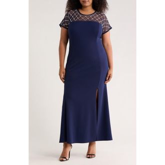 OLEG CASSINI Beaded Sleeve Scuba Crepe Knit Gown in Navy at Nordstrom Rack, Size 3 X