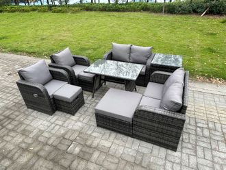 Fimous 9 Seater Wicker PE Rattan Garden Dining Set Outdoor Furniture Sofa with Dining Table Side Table 3 Footstools Dark Grey Mixed