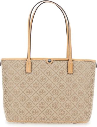 Tory Burch T Monogram Small Zip Tote - Dames - Shoppers - Beige - ONE Size - Katoen - Tassen