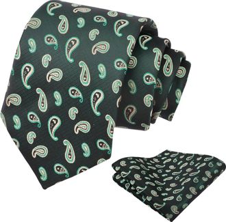 Alizeal Mens 8cm Irregular Patterned Necktie Novelty Party Wedding Business Tie and Hanky Set, Dark Green Paisley