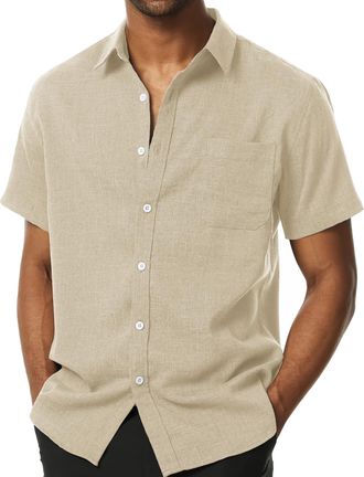PARKLEES Mens Summer Casual Cotton Linen Slim Fit Short Sleeve Shirt Vacation Fashion Button Down Shirt with Pockets Beige XXX-Large