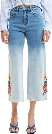 Desigual Floral Embroidered Gradient Crop Wide Leg Jeans in Medium Blue at Nordstrom, Size 40