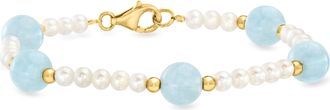 Ross-Simons 4mm Cultured Pearl and Milky Aquamarine Bead Station Bracelet With 18kt Gold Over Sterling