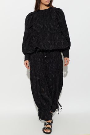 Ganni Pleated Blouse With Puff Sleeves, Womens, Black
