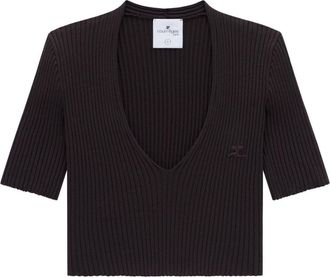 Courrèges ribbed knit V-neck top - women - Viscose/Polyester - S - Brown