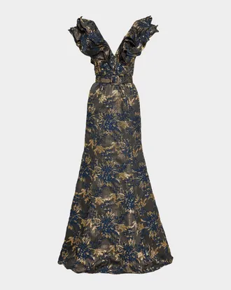 Badgley Mischka Ruffle Metallic Jacquard Mermaid Gown